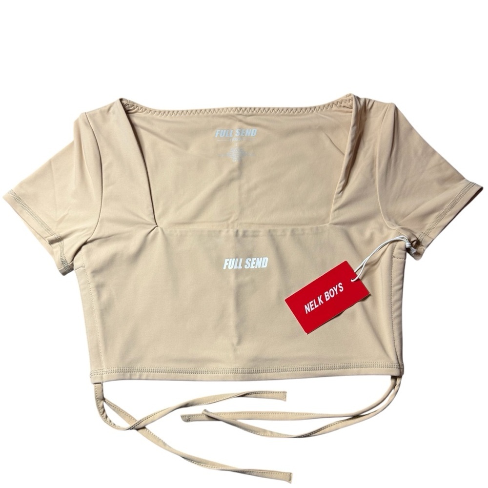 Full Send Nelk Boys Crop Top Tie Back‎ Square Neck Short Sleeve Beige Shirt